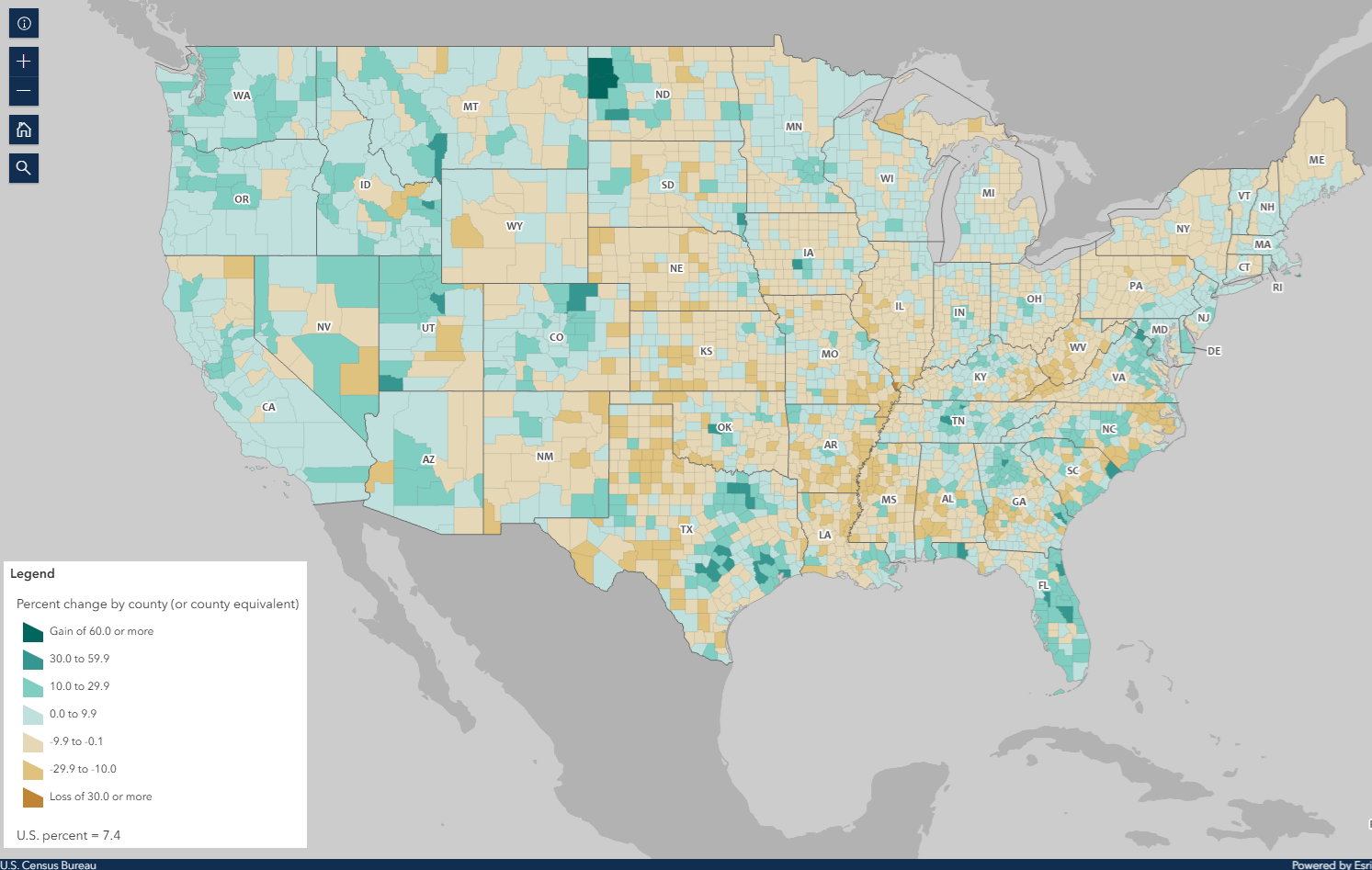 Map showing population change from 2010 to 2020, based on data from the 2010 and 2020 censuses. Accurate population counts are essential to reliably measure these changes.