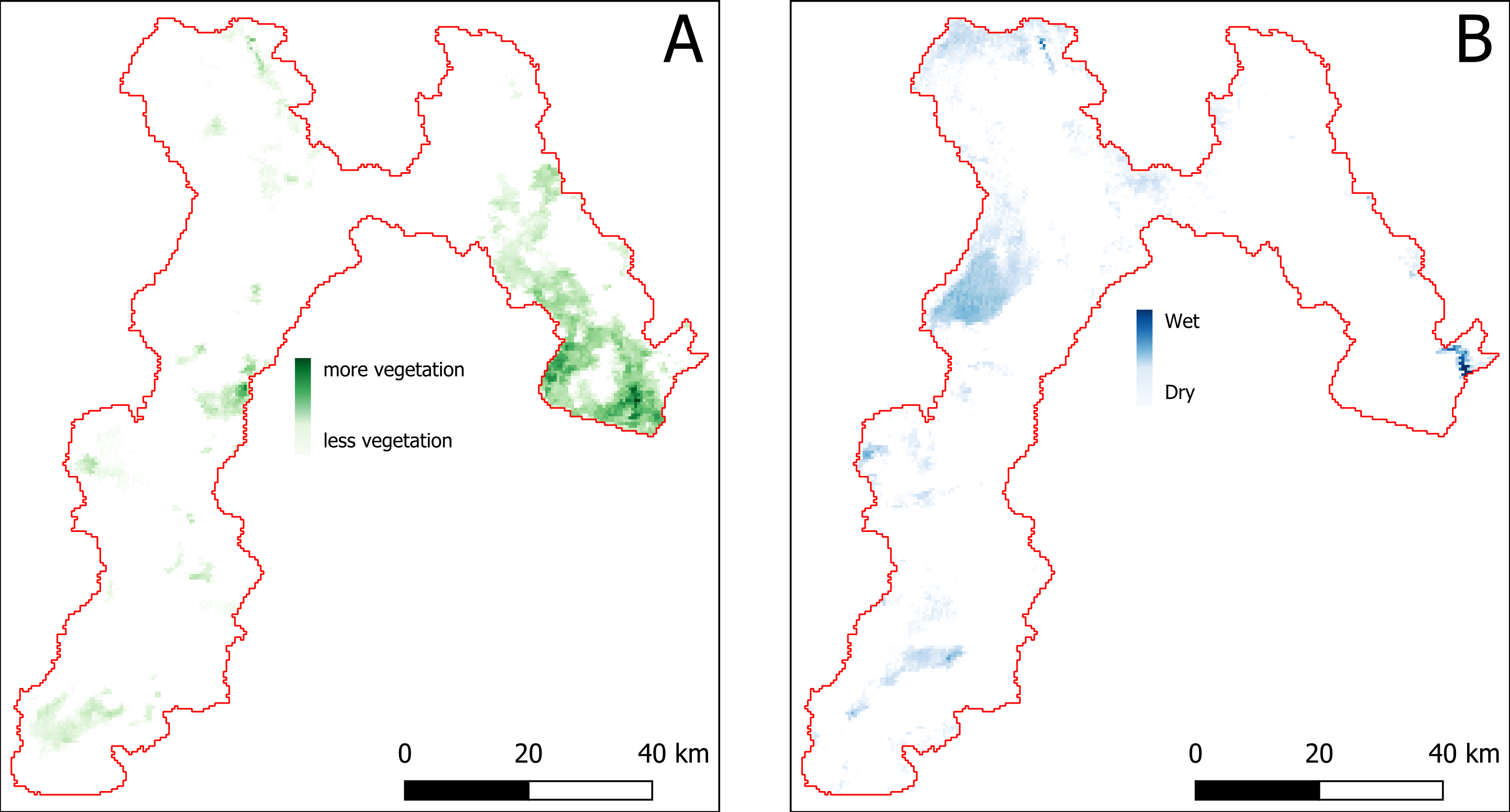 NDVI (A) and NDWI (B) indeces for the Sistan Basin, in Iran, as of January 2005.