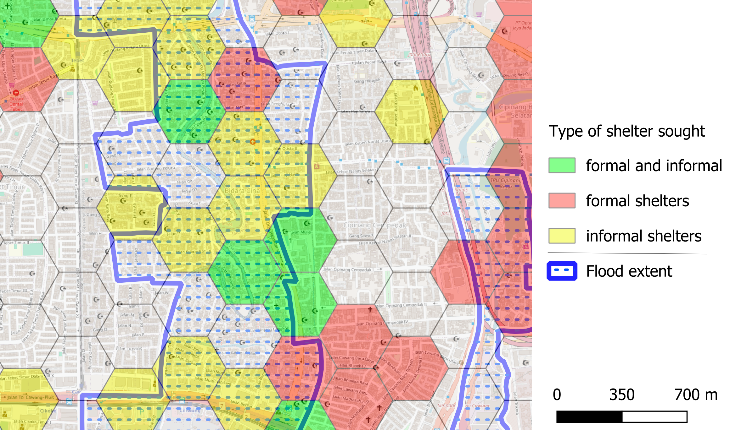 Type of shelters sought by citizens during the 2014 flood in Jakarta (excerpt) based on Twitter data. Adapted from da Silva Mano (2018)