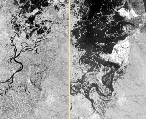Example of radar imagery showing water (depicted by dark pixels). The image compares the same region in April 2016 (pre-flood event) to the peak of the flood in August 2016. Cloud coverage did not impede the acquisition of useful imagery.