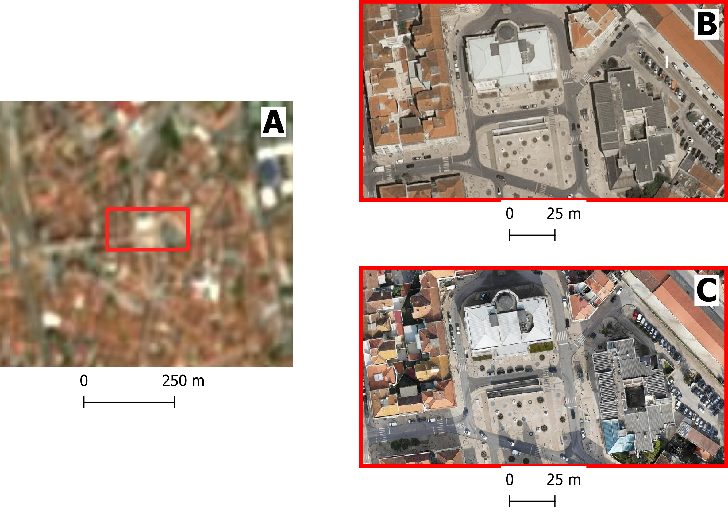 Imagery documenting Caldas da Rainha, Portugal: (A) Sentinel-2 satellite imagery with a spatial resolution of 10m; (B) a highlighted section of the city captured in aerial photography with a resolution of 10cm; (C) the same highlighted section using drone imagery at 2cm resolution. Notice how the detail increases.