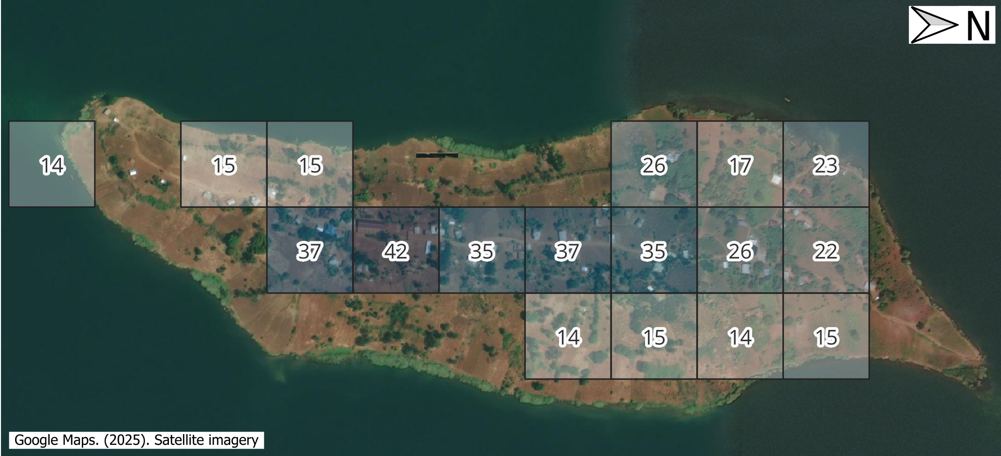 A visualization of WorldPop population estimates (100x100m grid cells) for Iku Island, Lake Kivu (Democratic Republic of the Congo), as of 2020
